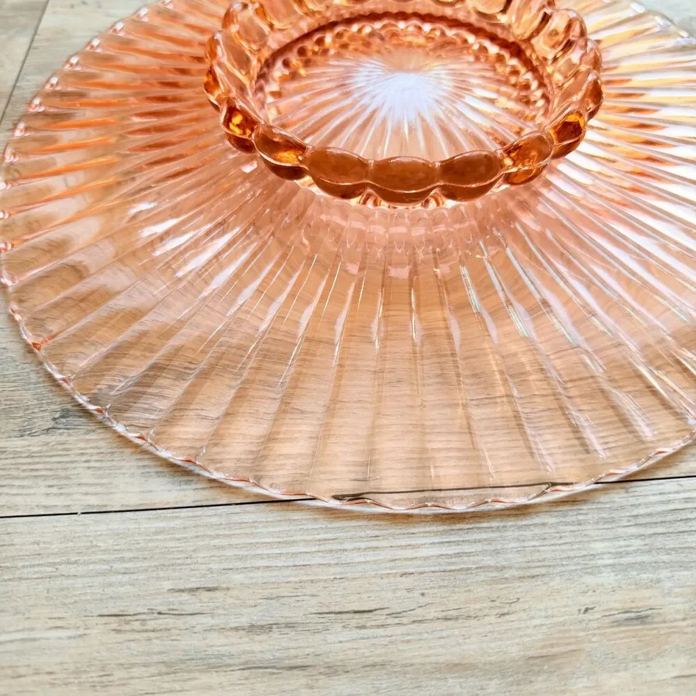 Anchor Hocking Petticoat Pink Depression Glass Cake Plate Ribbed Bubble Foot 12